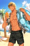 1boy abs artist_name beach blonde_hair character_request cloud cloudy_sky collared_shirt drink drinking_straw feet_out_of_frame glasses grass highres ice lifebuoy male_focus muscular muscular_male navel okii_(oh_ki_ik) open_clothes open_shirt original outdoors palm_tree pectorals sand shirt short_hair shorts signature sky smirk solo spiked_hair tan teeth tree yellow_eyes 