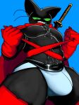  anthro black_body black_fur blush bulge cape cartoon_network clothing domestic_cat felid feline felis fur gloves green_eyes handwear hi_res jockstrap katana male mammal mao_mao:_heroes_of_pure_heart melee_weapon muscular muscular_anthro muscular_male mymu666 pecs sheriff_mao_mao_mao solo sword underwear weapon 