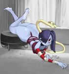  2022 5_toes animated_skeleton blue_body blue_skin bone breasts butt capydiem chimera cleavage clothed clothing duo english_text feet female hair hair_over_eye hi_res humanoid leviathan_(skullgirls) looking_at_viewer one_eye_obstructed purple_hair red_eyes skeleton skullgirls soles squigly text toes undead video_games zombie 
