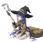  1girl blue_eyes blue_hair braid brown_robe chubb closed_mouth dress hat highres long_hair long_sleeves looking_at_viewer mushoku_tensei robe roxy_migurdia simple_background sitting solo staff thighhighs twin_braids white_background white_dress witch_hat 