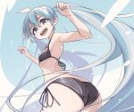  1girl :d ahoge ass bad_perspective bikini black_bikini blue_eyes blue_hair breasts hatsune_miku highres icon_315 long_hair nail_polish simple_background small_breasts smile solo string_bikini swimsuit very_long_hair vocaloid 