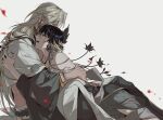  2boys asura_(onmyoji) black_hair fangs highres hug long_hair lotus_earrings megasus multiple_boys onmyoji profile red_eyes taishakuten_(onmyoji) white_background white_hair 