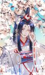  1boy absurdres animal_ears bishounen black_hair cherry_blossoms closed_eyes crying eyeshadow facial_mark forehead_mark fuling50842 hand_on_another&#039;s_cheek hand_on_another&#039;s_face highres japanese_clothes kimono long_hair long_sleeves makeup male_focus onmyoji pov pov_hands red_eyeliner red_eyeshadow shiny shiny_hair straight_hair tamamo_no_mae_(onmyoji) tassel wide_sleeves 