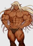  1boy abs artist_logo artist_name bara biceps blonde_hair blue_eyes feet_out_of_frame hand_on_hip highres large_pectorals long_hair male_focus male_underwear manly mature_male muscular muscular_male navel nipples no_pants original pectorals pointy_ears scar scar_on_arm scar_on_face simple_background smile solo thick_arms thick_eyebrows thick_thighs thighs topless_male underwear veins veiny_arms white_background xelgot 