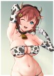  1girl ;d absurdres animal_collar animal_ears animal_print aqua_eyes arm_behind_head arm_up armpits artist_name bangs bare_shoulders bell bikini black_bow black_collar black_hairband border bow bow_hairband breasts chinese_zodiac cleavage collar collarbone cow_ears cow_horns cow_print cowbell elbow_gloves emma_verde eyepatch_bikini fake_animal_ears fake_horns flower freckles gloves gradient gradient_background green_background groin hair_between_eyes hair_bow hair_flower hair_ornament hairband hand_up head_tilt highres horns large_breasts looking_at_viewer love_live! love_live!_nijigasaki_high_school_idol_club navel neck_bell one_eye_closed open_mouth outside_border print_bikini print_gloves red_hair shiny shiny_hair shiny_skin short_hair signature skindentation smile solo standing stomach sweat swimsuit teeth unsfrau upper_body upper_teeth white_border year_of_the_ox yellow_flower 
