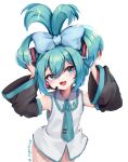  1girl :d absurdres arms_up bangs black_sleeves blue_bow blue_eyes blue_hair blue_necktie blush bottomless bow cinnamiku collared_shirt commentary detached_sleeves english_commentary frilled_shirt frilled_shirt_collar frills hair_between_eyes hair_bow hatsune_miku head_tilt headset highres long_sleeves necktie nyatrix shirt simple_background sleeveless sleeveless_shirt smile solo tie_clip twitter_username vocaloid white_background white_shirt wide_sleeves 