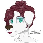  1:1 2022 absurd_res alpha_channel anthro bust_portrait canid canine canis chest_tuft digital_drawing_(artwork) digital_media_(artwork) domestic_dog eyeshadow female floppy_ears fur green_eyes hair hair_bun hi_res lipstick looking_at_viewer makeup mammal mature_female poodle portrait red_hair simple_background transparent_background tuft white_body white_fur zer0rebel4 