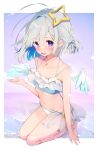  1girl :d amane_kanata angel_wings bangs bare_shoulders bikini blue_hair blunt_bangs collarbone colored_inner_hair eme_(emeralda) feathered_wings flat_chest frilled_bikini frills grey_hair hair_between_eyes hair_ribbon highres hololive jewelry midriff multicolored_hair navel necklace open_mouth purple_eyes ribbon seiza short_hair sitting smile solo swimsuit virtual_youtuber water wings 