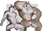  balls being_watched big_penis blush canid canine canis duo flaccid foreskin genitals humanoid_genitalia looking_at_another male mammal penis penis_size_difference reolixious simple_background sitting wolf 
