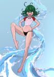  1girl absurdres bikini bikini_bottom_only blue_background breasts full_body green_eyes green_hair groin hands_on_hips highres lowleg lowleg_bikini myahogao navel one-punch_man open_mouth oppai_hoodie see-through shirt signature small_breasts smile solo swimsuit t-shirt tatsumaki water wet wet_clothes wet_hair wet_shirt 
