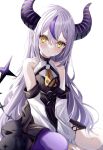  1girl bare_shoulders black_dress black_horns braid braided_bangs demon_girl demon_horns detached_sleeves dress grey_hair highres hololive horns la+_darknesss long_hair looking_at_viewer multicolored_hair pointy_ears purple_hair purple_horns purple_thighhighs sa-ya2 short_dress side_slit simple_background single_thighhigh sitting sleeveless sleeveless_dress solo streaked_hair striped_horns tail thighhighs v_arms very_long_hair virtual_youtuber wariza white_background yellow_eyes 