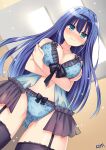  &gt;:( 1girl blue_eyes blue_hair blush breast_hold breasts cleavage closed_mouth crossed_arms earrings engage_kiss highres jewelry lewdkuma lingerie long_hair looking_at_viewer panties thighhighs underwear v-shaped_eyebrows yuugiri_ayano 