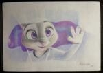  2022 4_fingers anthro askalin clothed clothing disney female fingers foggy fur graphite_(artwork) grey_body grey_fur headphones hi_res judy_hopps lagomorph leporid mammal pencil_(artwork) purple_eyes rabbit shirt simple_background smile solo topwear traditional_media_(artwork) white_background window zootopia 