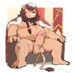  2022 anthro belly big_belly blush bodily_fluids crown cum cum_on_ground erection felid genital_fluids genitals hagom hi_res humanoid_genitalia humanoid_hands humanoid_penis kemono king lion male mammal moobs nipples overweight overweight_male pantherine penis royalty sitting solo 
