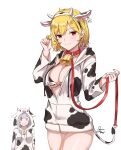  2girls animal_ears as4gi bikini bikini_under_clothes blonde_hair breasts collar cow_ears cow_hood cow_horns cowboy_shot ear_tag earrings fake_animal_ears fake_horns hairband hand_up highres holding holding_leash hololive hololive_indonesia hood hooded_jacket horns jacket jewelry kaela_kovalskia large_breasts leash multiple_girls o-ring o-ring_bikini playing_with_own_hair red_collar red_eyes shirogane_noel short_hair solo_focus swimsuit thighs virtual_youtuber 