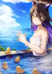  1girl ahoge animal_ears bare_shoulders black_hair blush breasts closed_mouth cloud colored_inner_hair day hair_between_eyes hands_up highres horizon horse_ears long_hair looking_at_viewer manhattan_cafe_(umamusume) multicolored_hair naked_towel ocean onsen outdoors partially_submerged ra_mun5239 rubber_duck small_breasts smile solo steam streaked_hair towel umamusume water yellow_eyes 