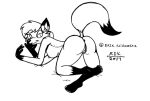  all_fours anthro biped butt canid canine female fox genitals looking_back mammal monochrome nude pussy raised_tail reddragonkan simple_background solo tammy_vixen traditional_media_(artwork) 