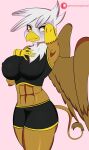  2019 abs anthro anthrofied athletic athletic_anthro athletic_female avian beak big_breasts bottomwear breasts brown_body brown_feathers clothing digital_media_(artwork) feathered_wings feathers female friendship_is_magic gilda_(mlp) gryphon gym_clothing hasbro hi_res long_tail my_little_pony mythological_avian mythology navel nipple_outline pink_background raydonxd shorts simple_background smile solo standing white_body white_feathers wings yellow_beak yellow_eyes 