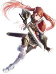  1girl absurdres armored_boots artist_name black_gloves boots clear_glass_(mildmild1311) detached_sleeves fighting_stance fingerless_gloves fire_emblem fire_emblem_awakening full_body gloves hair_flowing_over hand_on_weapon highres holding holding_sword holding_weapon leggings long_hair red_eyes red_hair severa_(fire_emblem) sheath shield shirt signature simple_background sleeveless sleeveless_shirt smile solo standing sword sword_on_back twintails twitter_username v-shaped_eyebrows very_long_hair weapon weapon_on_back white_background white_footwear 