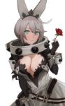  1girl aqua_eyes bangs black_gloves blush breasts cleavage closed_mouth commentary dress elphelt_valentine fingerless_gloves flower girls&#039;_frontline gloves grey_hair guilty_gear guilty_gear_xrd highres holding holding_flower la13 lips looking_at_viewer mechanical_ears medium_breasts red_flower red_rose rose short_hair smile solo torn_clothes upper_body white_background white_dress 