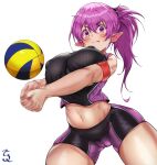  1girl armband artist_logo blush breast_squeeze breasts cameltoe covered_nipples crop_top from_below hairband highres jersey large_breasts midriff navel original outstretched_arms own_hands_clasped own_hands_together pink_eyes pink_hair pointy_ears ponytail puffy_nipples purple_eyes purple_hair shirt short_shorts shorts sleeveless sleeveless_shirt solo sportswear t3x tongue tongue_out v_arms vampire volleyball volleyball_uniform 