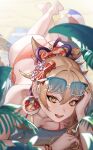  1girl absurdres ass ball bare_arms bare_shoulders barefoot beachball bikini blonde_hair blurry blurry_foreground blush breasts chest_tattoo cleavage crossed_ankles earrings eyeliner eyewear_on_head feet_up fish_hair_ornament flower_tattoo genshin_impact hair_ornament hand_on_own_head highres jewelry kanzashi leaf looking_at_viewer lying makeup on_stomach open_mouth orange_bikini outdoors playing_with_own_hair red_eyeliner sand side-tie_bikini smile string_bikini stud_earrings swimsuit tattoo tinted_eyewear wristband yellow_eyes yoimiya_(genshin_impact) zlan 