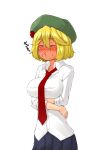  1girl absurdres arms_under_breasts bangs beret blonde_hair blush breasts closed_eyes collared_shirt commentary_request cowboy_shot eikiri_eimu full-face_blush green_headwear hair_between_eyes hat highres junk_gaming_maiden kitsunerider large_breasts necktie o3o puckered_lips red_necktie shirt short_hair simple_background sleeves_rolled_up solo white_background white_shirt 