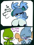  1-upclock anthro big_breasts black_nipples breasts dialogue female green_hair group hair hand_on_mouth jay_(1-upclock) larvitar mabel_(1-upclock) male male/female moan mudkip nidoqueen nintendo nipples no_pupils open_mouth paula_(1-upclock) pok&eacute;mon pok&eacute;mon_(species) smile sound_effects tongue trio video_games 