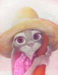  anthro askalin canid canine clothed clothing disney duo female fox fur graphite_(artwork) grey_body grey_fur hand_on_face hat headgear headwear hi_res judy_hopps lagomorph leporid male male/female mammal nick_wilde pencil_(artwork) pink_clothing pink_shirt pink_topwear rabbit red_fox shirt simple_background smile straw_hat topwear traditional_media_(artwork) white_background zootopia 