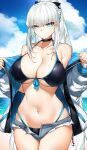  1girl absurdres bangs bikini black_bow blue_eyes bow braid breasts casul choker cleavage cloud fate/grand_order fate_(series) french_braid front-tie_top grey_hair hair_bow highres jacket large_breasts long_hair looking_at_viewer morgan_le_fay_(fate) navel ocean ponytail short_shorts shorts sidelocks sky solo swimsuit thighs unbuttoned_shorts very_long_hair 