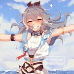  1girl :d artist_name bangs black_hair blue_sky closed_eyes cloud cloudy_sky fu_hua fu_hua_(herrscher_of_sentience) goggles goggles_around_neck grin highres honkai_(series) honkai_impact_3rd long_hair moody_avocado navel outdoors outstretched_arms ponytail sky smile solo summer_uniform teeth upper_body water 