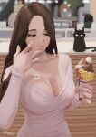  1girl bare_shoulders blurry blurry_background breasts brown_eyes brown_hair cat_ornament cleavage dress food highres ice_cream ice_cream_cone ice_cream_cone_spill large_breasts long_hair looking_down niksoncrazy original pink_dress 