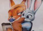  anthro askalin boop canid canine clothed clothing disney duo female fox fur graphite_(artwork) grey_body grey_fur hi_res judy_hopps lagomorph leporid male male/female mammal nick_wilde nose_boop pencil_(artwork) phone rabbit red_fox shirt simple_background smile topwear traditional_media_(artwork) white_background zootopia 