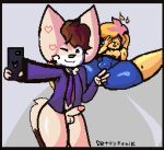  anthro balls butt canid canine clothed clothing dettyfenik duo erection fennec fox fur genitals hair jackmeowy janslobonejo lagomorph latex leporid male male/male mammal necktie nude package penis phone rabbit selfie simple_background smile tail 