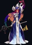  1girl bangs black_background blue_dress crossover dress full_body gloves hat highres holding holding_wand long_hair long_sleeves multicolored_hair orange_hair purple_eyes purple_hair simple_background solo standing tomatolover16 touhou two-tone_hair wand wavy_hair white_gloves witch witch_hat yu-gi-oh! 