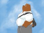  2022 4:3 anthro backpack belly big_belly bottomwear brown_body clothing hi_res kemono male mammal overweight overweight_male pants pommn_mn shirt solo topwear ursid 
