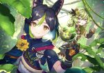  1boy 1girl animal_ear_fluff animal_ears black_gloves collei_(genshin_impact) commentary_request fantasy fox_boy fox_ears genshin_impact gloves gradient_hair green_eyes green_hair hair_between_eyes highres ina_(t_play1125) jungle leaf looking_at_viewer multicolored_hair nature plant purple_eyes short_hair streaked_hair tighnari_(genshin_impact) vines 
