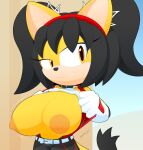  accessory anthro areola big_breasts breasts clothed clothing collar domestic_cat felid feline felis female flashing hair_accessory hairband hi_res honey_the_cat jacket jiggling mammal nipples open_clothing open_jacket open_topwear raised_clothing raised_shirt raised_topwear sega shirt slickehedge solo sonic_the_fighters sonic_the_hedgehog_(series) topwear 
