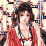  1girl artist_request backlighting brown_hair chinese_clothes closed_mouth earrings flower hair_rings hanfu highres huo_linger_(wanmei_shijie) jacket jewelry lantern long_hair pink_jacket second-party_source shiny shiny_hair smile solo upper_body wanmei_shijie 