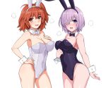  2girls ahoge animal_ears bangs black_hairband blush bow bowtie breasts cleavage collar collarbone command_spell detached_collar fake_animal_ears fate/grand_order fate_(series) fujimaru_ritsuka_(female) hair_over_one_eye hairband hand_on_hip hand_on_own_chest haruhisky highres large_breasts leotard light_purple_hair looking_at_viewer mash_kyrielight multiple_girls one_side_up open_mouth orange_eyes orange_hair playboy_bunny purple_bow purple_bowtie purple_eyes purple_leotard rabbit_ears short_hair side_ponytail smile sweatdrop thighs white_bow white_bowtie white_collar white_hairband white_leotard wrist_cuffs 