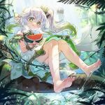  1girl :q bangs bare_legs barefoot bloomers bracelet cape cat_princess cross-shaped_pupils detached_sleeves dress feet female_child food fruit full_body genshin_impact gradient_hair green_cape green_eyes green_hair hair_ornament highres in_tree jewelry leaf_hair_ornament long_hair multicolored_hair nahida_(genshin_impact) pointy_ears side_ponytail sitting sitting_in_tree soles solo toes tongue tongue_out tree underwear water watermelon white_bloomers white_dress white_hair 