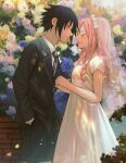  1boy 1girl absurdres black_hair black_necktie black_shorts dress hands_in_pockets haruno_sakura highres imminent_kiss naruto naruto_(series) necktie niku_(ni23ku) pink_hair shorts suit_jacket twitter_username uchiha_sasuke veil white_dress 