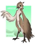  avian beak bird brown_body female flat_chested genitals green_eyes hi_res nude pussy signature simple_background solo talons w4g4 winged_arms wings 