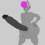  1:1 anthro balls big_balls big_penis black_penis bodily_fluids genital_fluids genitals grey_body hair hi_res huge_penis lagomorph leporid male mammal penis pink_hair precum rabbit riku9797 sebastian_cummins_(thechavicgerman) simple_background smile solo vein veiny_balls 