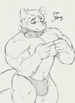  anthro big_muscles black_and_white blush bulge clothed clothing collar doggonut hi_res male mammal marsupial monochrome muscular muscular_male pecs phalangeriform shy solo topless 