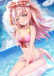  agnes_digital_(umamusume) animal_ears blue_eyes blush breasts cleavage cloud collarbone commentary_request hair_ornament highres horse_ears horse_tail long_hair looking_at_viewer navel ocean open_mouth pink_hair small_breasts swimsuit tail teaclaw umamusume water wet 
