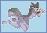  2022 anthro areola beverage blue_border blue_eyes border breasts butt canid canine canis coconut drupe_(fruit) elbow_tuft female food fruit fur grey_body grey_fur hi_res inner_ear_fluff ketty looking_at_viewer looking_back looking_back_at_viewer mammal nipples nude pawpads plant shoulder_tuft snowy_wolf solo tuft wolf 