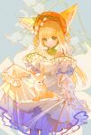  1girl animal animal_ear_fluff animal_ears arknights bare_shoulders blonde_hair blue_background blue_skirt braid closed_mouth commentary_request flower fox fox_ears green_eyes hair_rings highres layered_sleeves lily_of_the_valley long_hair long_sleeves looking_at_viewer multicolored_hair off-shoulder_shirt off_shoulder puffy_long_sleeves puffy_sleeves satsuya see-through see-through_sleeves shirt short_over_long_sleeves short_sleeves sidelocks simple_background skirt smile solo suzuran_(arknights) twin_braids two-tone_hair very_long_hair white_flower white_hair white_shirt 