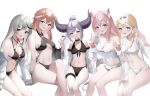  5girls :d animal_ears bare_arms bare_legs bare_shoulders bikini black_bikini black_choker black_hairband blonde_hair blue_eyes blush breasts chemical_structure choker cleavage coyote_ears criss-cross_halter crossed_legs cup drink feet_out_of_frame frilled_bikini frills front-tie_top grey_hair hair_ornament hair_wings hairband hairclip hakui_koyori halter_top halterneck hand_on_own_thigh hexagon_hair_ornament highres holding holding_cup holding_drink hololive holox horns invisible_chair jacket kazama_iroha la+_darknesss long_hair long_sleeves medium_breasts multi-strapped_bikini multiple_girls navel o-ring o-ring_bikini off_shoulder open_clothes open_jacket pink_hair ponytail purple_eyes red_eyes ryuya sakamata_chloe simple_background sitting smile stomach striped_horns swimsuit takane_lui thigh_strap virtual_youtuber white_background white_bikini white_jacket x_hair_ornament yellow_eyes 