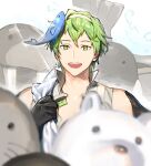  1boy animal animal_on_head bangs bare_shoulders bear black_gloves commentary david_(fate) fate/apocrypha fate/grand_order fate_(series) fish fish_on_head ginka_sima gloves green_eyes green_hair hair_between_eyes hairband highres holding holding_towel looking_at_viewer male_focus on_head open_mouth polar_bear short_hair smile solo sunlight teeth towel towel_around_neck upper_body upper_teeth walrus white_fur 